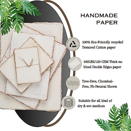 LEATHER VILLAGE Watercolor Paper- 7.5 X 11 inches - 20 Sheets Watercolor Paper for Drawing, Sketching, Wedding Cards & Crafts - 150 GSM Thick Deckle Edge Virgin Cotton Handmade Paper - Vintage