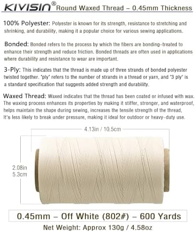 Round Waxed Thread, 600 Yards, 0.45mm, Off-White, Thin Bonded Polyester Wax Cord String for Leather Sewing, Upholstery, Bookbinding, Micro Knotting, Bracelet and Macrame Jewelry Making