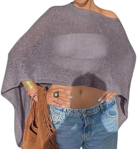 Nicoxijia Women Y2K Sheer Knit Poncho Top Lightweight Summer Beach Knit Shrug Shawl Bolero Off Shoulder Mesh Sweater Cover Up