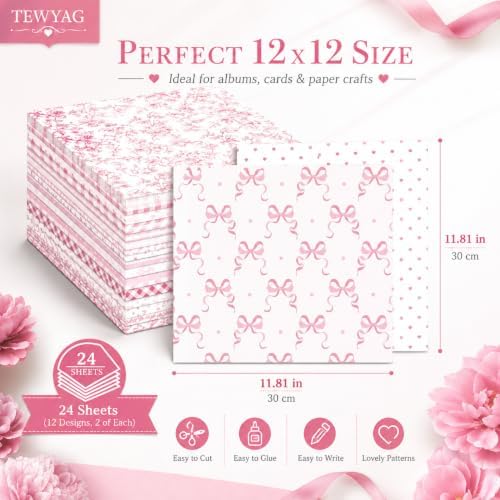 Pink Scrapbook Paper Double Sided 12x12 Coquette Bows Floral 24 Sheets