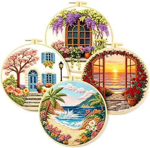 Zhenqing 4 Landscape Scenes Embroidery Kit for Beginners, 4-Pack Circular Designs with 20cm Hoop, Pre-Printed 29x29cm Cotton Fabric & Threads for Home Decor (JC0038)