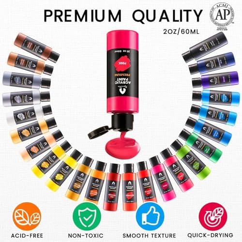 40 Pcs Acrylic Paint Set - 24 Colors (2oz/60ml) with 12 Brushes, 2 Knives & Palette - Rich Pigments for Adult, Artists & Beginners - Painting on Halloween Pumpkin Canvas Ceramic Rock Wood