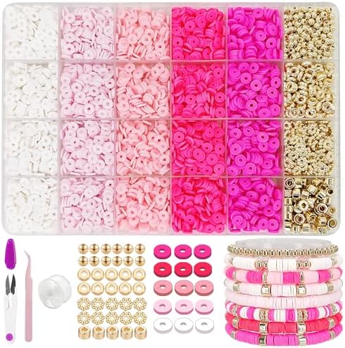 MIIIM Pink Clay Bead Bracelet Kit, Heishi Beads, Flat Clay Beads and Gold Spacer Beads for Jewelry Making, Friendship Bracelet Beads Kit for Crafts, Concert, Raves, Gifts