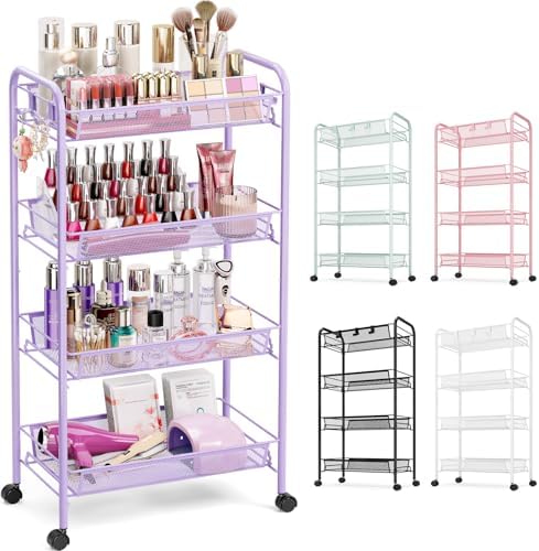 TOOLF 4 Tier Rolling Cart, Metal Utility Storage Cart with Wheels, Purple | 3 Hooks, Screwless Assembly, Trolley Organizer for Bathroom, Kitchen, Office, Nursery, Dorm, Laundry Room