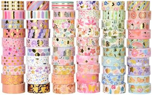 60 Rolls Washi Tape Set, 15 mm Gold Foil Cute Pattern Floral Decorative for Journaling Supplies