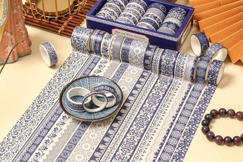 Blue & White Porcelain Washi Tape Set, Traditional Chinese Ceramic Pattern Decorative Masking Tapes, Oriental Art for Craft, Scrapbook, DIY, Gift Wrapping (2-Echoes of Blue/19 Rolls)