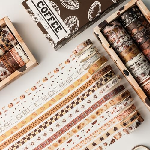 32 Rolls Washi Tape Set,Vintage Coffee Themed Decorative Tape Retro Brown Watercolor Cafe Masking Tape for Journaling Supplies,Junk Journal, Scrapbooking,Planner,DIY Arts & Crafts Supplies
