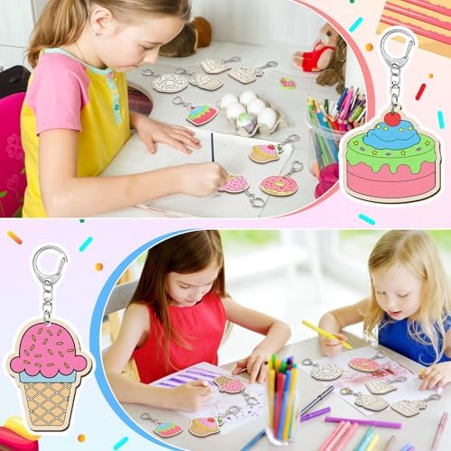 Trnayi 36 Pcs Dessert Unfinished Wood Keychain Color Your Own DIY Craft | Dessert Wooden Keychain, Color Your Own Unfinished Craft, Blank Wood Painting DIY Craft, for Summer Party Art Project