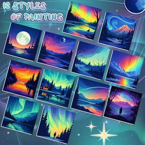 Nezyo 12 Pack Paint by Numbers Kit for Adults Beginner 8x8 Inch | Starry Spiritual Polar Lights Themed, Paint by Number Frame Canvas, DIY Acrylic Easy Painting by Numbers for Home Wall Decor