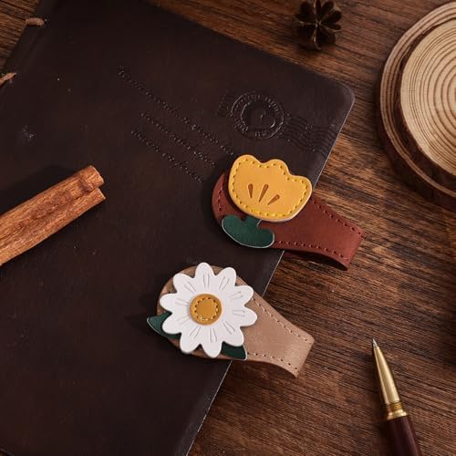 2PCS Vintage Magnetic Leather Bookmark, Leather Magnetic Bookmarks for Women, Magnetic PU Bookmarks Clip Book Accessories, Daisy & Tulip
