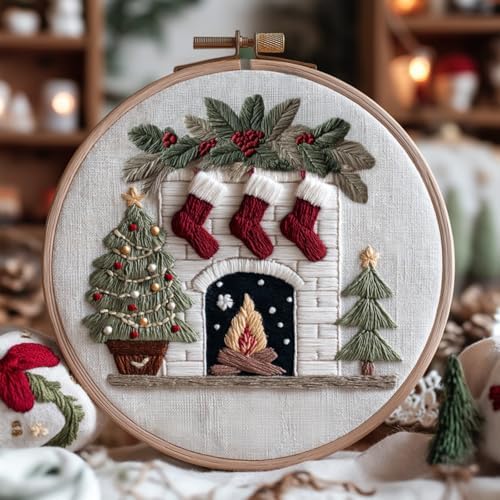 IUHUI Embroidery Kit for Beginners Adults - Anticipated Christmas Patterns, DIY Hand Stitching Embroidery Set with Hoop (Christmas Fireplace Warmth)