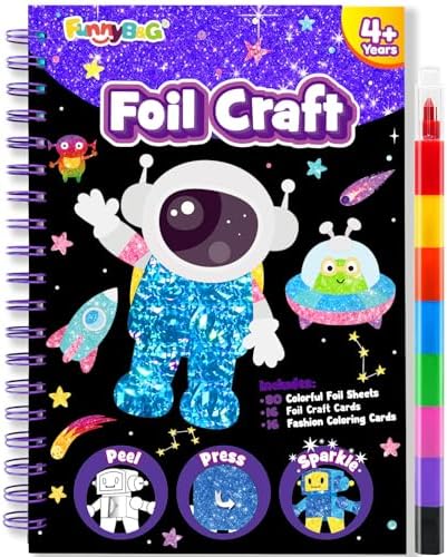 FUNNYB&G Foil Art Craft Kit for Kids, Sparkly Birthday Gift Toy for Boys | No Mess, Kids Ages 4-10 Create Sparkling Artwork, A Creative Gift for Birthdays, Holidays, Travel Activities,Screen-Free Fun