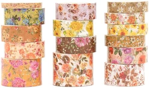 Floral Washi Tape Set - 15 Rolls Flowers Arts Adhesive Tapes Garden Blooms Decorative Masking Tape Sets for Craft, Kids, Scrapbook, DIY, Gift Wrloapping (3-Autumn Petals)
