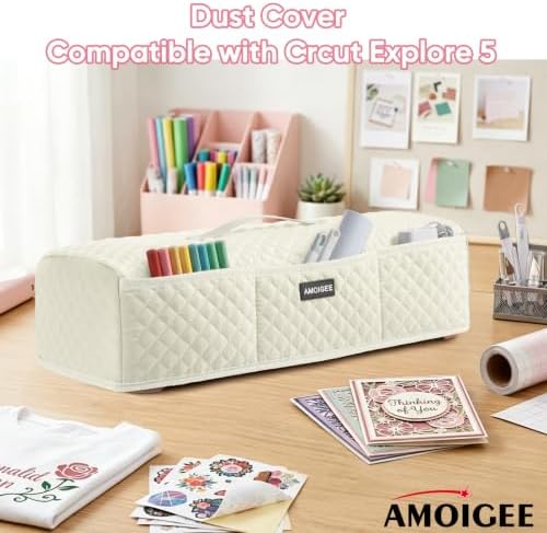 AMOIGEE Dust Cover for Latest Cutting Machine Cricutt Explore 5, Quilted Protective Cover with Storage Pockets for Cutting Machine, Floral Fabric Anti-Dust Cover for Craft Machine Organizer