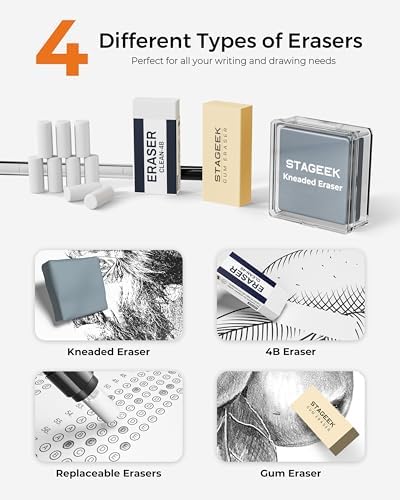 STAGEEK 20Pcs Silver Metal Mechanical Pencil Set with Leather Case | 5PCS Art Drafting Pencils, 0.3, 0.5, 0.7, 0.9, 2.0MM Drawing Pencils, 9 Tube (4B 2B HB 2H Colors) Lead Refills, Erasers
