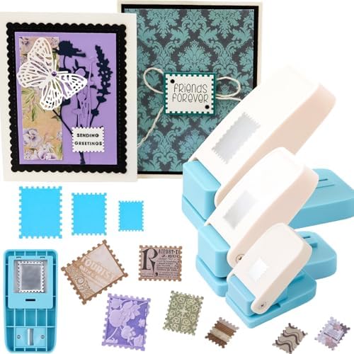 3Pcs Stamp Punch, Rectangle Postage Stamp Shape Punch, 1.5X1.25inch, 1X0.8inch, 0.66X0.53 inch Stamp Puncher, Lever Craft Hole Cutter Paper Punches for Crafting DIY Scrapbooking Card Making Journaling