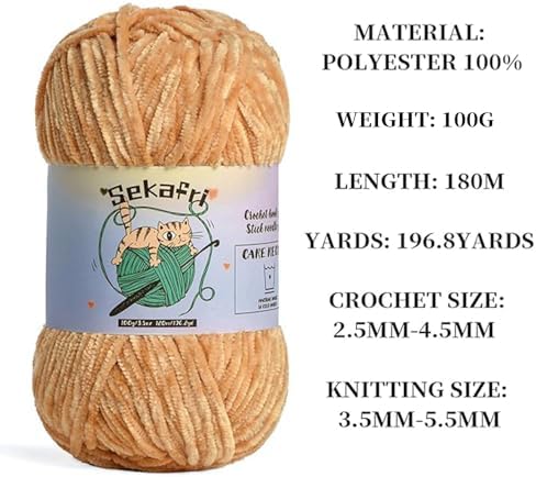 Fuzzy Chenille Yarn for Crocheting, Fluffy Amigurumi Crochet Yarn for DIY Craft/Hat/Shoes, (100g/197yds) Soft Velvet Baby Blanket Yarns（Khaki）