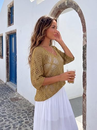 Womens Crochet Top Summer 3/4 Sleeve Cover Up V Neck Boho Tops