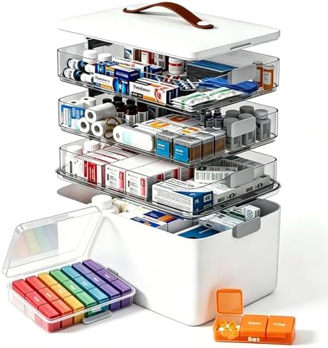 MOPUP 4-Tier Medicine Craft,Sewing,Art,Organizer Storage,Portable Latch Bin with Lid and Leather Handle,Pill Bottle, First Aid,Comes with a 7-Day Pill Organizer,A Household Essential