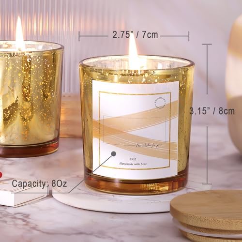 LAMORGIFT 15 Pack Glass Candle Jars With Lids (8oz, Gold) - Empty Containers for Making Candles - Mercury Glass Jars With 20 Pcs Labels - Accessories Included