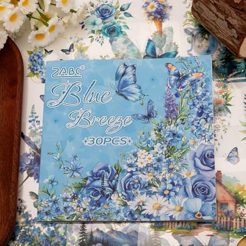 Blue Butterfly Garden Theme Sticker Scrapbooking Supplies for Junk Journal, 30 Sheets PET Stickers - Vintage Journaling Stickers, Ephemera Sticker Book Pre Cut(TZ-005-002)