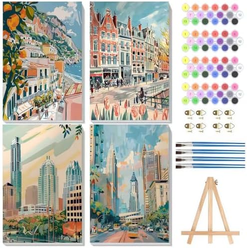 4 Pack Framed Town Paint by Numbers Kits for Adults with Easel (8x12in)