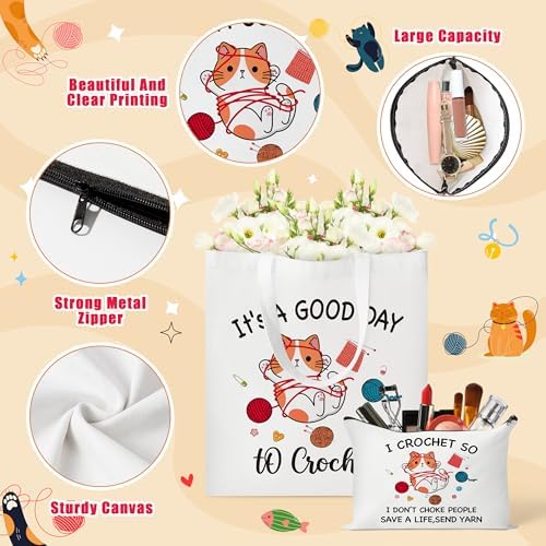 Y1tvei Crochet Canvas Tote Bag - 2Pcs Cosmetic Pouch Tote Bag Reusable Grocery Folding Shopping Bag for Crocheters Women