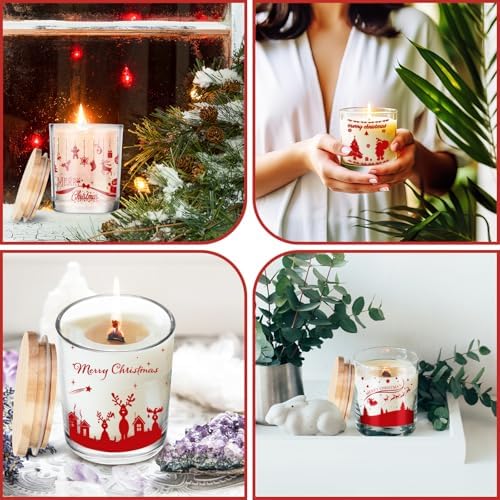 Ziliny 10 Pcs Christmas Glass Candle Jars Empty Containers Bulk 7 oz Glass Jars with Cork Lids Tins for Candle Making Storing Biscuits Tea Party Favors(Christmas)