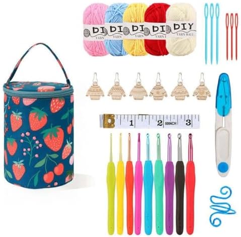 Crochet Kit Set with Portable Travel Bag, 9 Ergonomic Soft Handle Hooks (2.0-6.0mm), 5 Yarn Balls, Stitch Markers, for Beginners (stawberry)