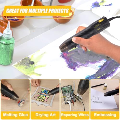 350W Heat Gun 2-Temp 392°F/662°F Hot Air Gun for Crafts & Shrink Tubing | 1.5s Fast Heat, Overheat Protection, UL Cord, 6.56ft Cable with Stand, 2 Nozzles for Resin, Epoxy & DIY Projects