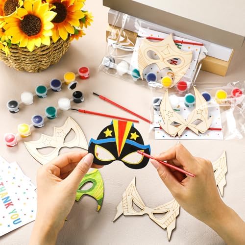 Weysat 24 Sets Color Your Own Hero Masks DIY Blank Masks Wooden Painting Craft Kits Include Beautiful Cards and Art Supplies for Boys Girls Birthday Party Graffiti Crafts Party Favors