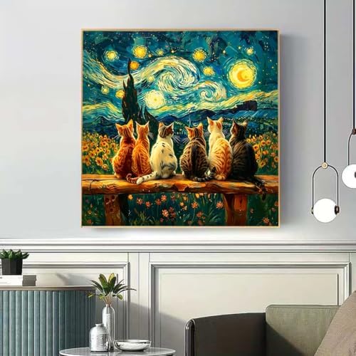 VeGuude Cat Diamond Art Kits for Adults,Full Drill Cat Starry Night Diamond Art Kits for Beginners, DIY Full Rhinestone 5D Diamond dots (Gemstone Craft), Home Wall Decoration (13.7x13.7 inch)
