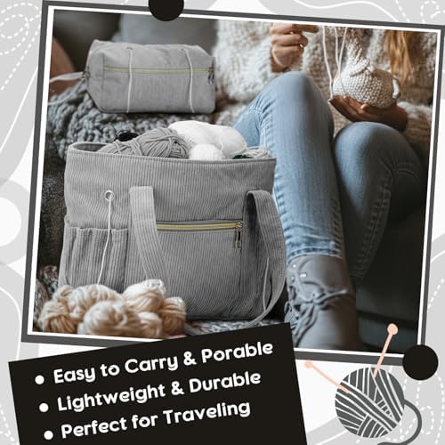 Bulyoou 2 Pcs Crochet Tote and Yarn Bag Set Corduroy Yarn Holder,Grey