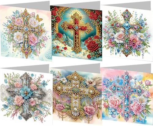 Diamond Art Cards with Envelopes–6PCS DIY Diamond Painting Greeting Cards Kit | Card Making Kit with Bling for Adults & Beginners | Birthday,Holiday & Thank You Cards (Flower and Cross)