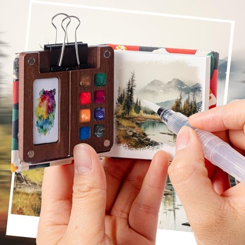 Qilery Mini Portable Watercolor Palette Set Wooden Grid Paint Box Watercolor Paper Sketch Book Brush Pens with Binder Clip for Painters Artist Not Include Paint(Cat)