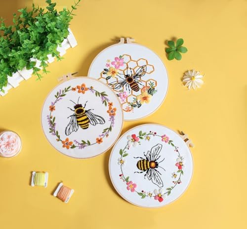 Konrisa Embroidery Kits for Adults Beginner, European Style Bees Collect Honey Stamped Embroidery Starter Kit,DIY Sewing Practice, Needlepoint Cross Stitch Kit,Set of 3