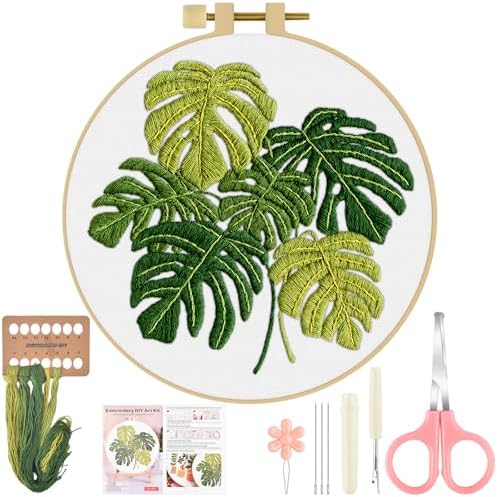 ERKOON Embroidery Kit for Beginners Adult, Cross Stitch Set Include Embroidery Cloth Hoop Threads for Craft Lover Hand Stitch with Embroidery Skill Techniques (Leaf)