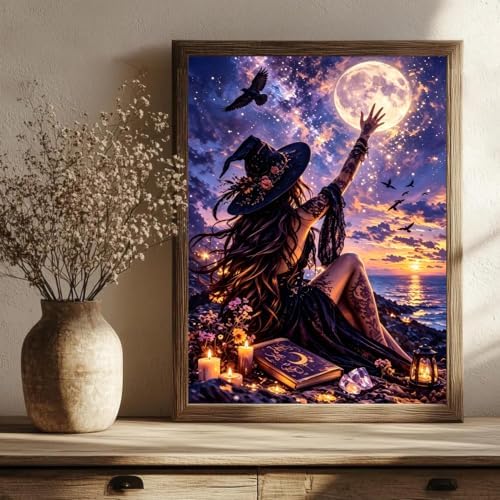 MXCFZX Halloween Paint by Number DIY Painting On Canvas, The Witch Paintwork with Paintbrushes Acrylic Paints,Perfect for Paint by Numbers for Adults Students Beginner, for Home Wall Decor 16x20 in