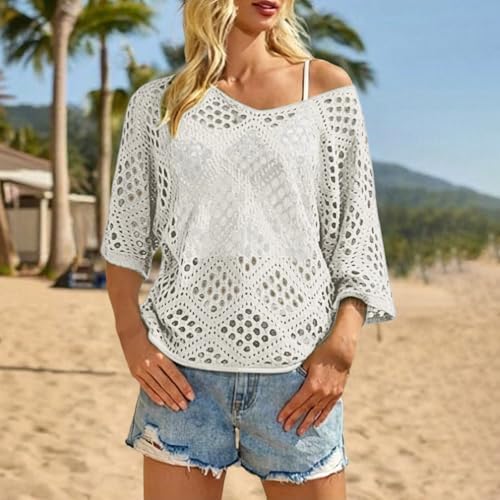 Bohemian Crochet Tops for Women 3/4 Sleeve V-Neck Open Knit Pullover Beach Cover Ups Hollow Out Boho Vacation Blouse