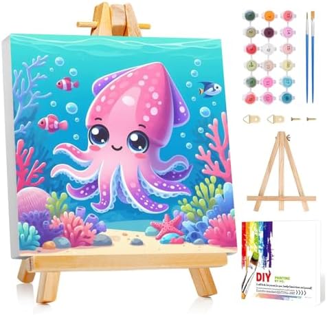 Reivworl Octopus Paint by Numbers Kit for Kids with Frame 8×8 inch