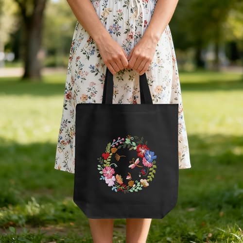 ERKOON Canvas Tote Bag Embroidery Kit for Beginners, Floral Arts Crafts Cross Stitch Kits for Adults Including Stamped Embroidery Bag with Hoops, Needle, Instruction and Color Threads(Wreath)