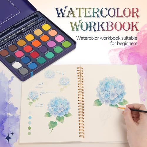 Floral Watercolor Painting Kit, 24 Paints, 3 Brushes, Workbook