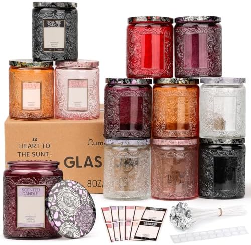 LumaCraft Luxury Embossed Glass Candle Jars for Making Candles - 12 Pack 8oz Empty Candle Containers with Airtight Metal Lids, 20 Wicks & 20 Stickers, Colored Glass Jars for Gifts & Decor