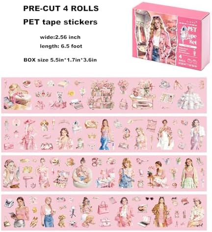 4 Rolls PET Tapes Pre-Cut Stickers for Scrapbooking Pink Life People Stickers Tape journaling