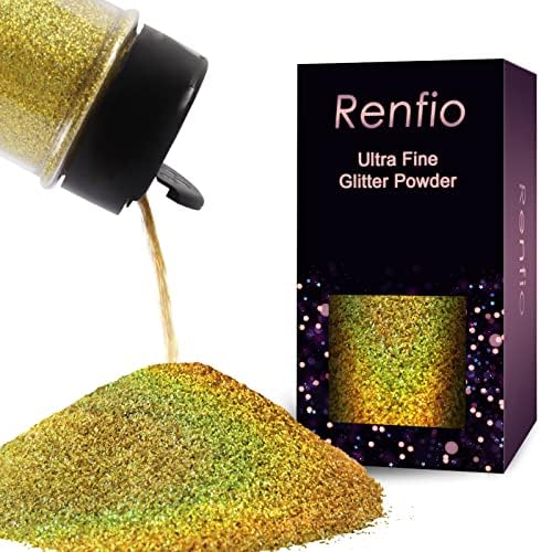 Renfio Holographic Ultra Fine Gold Glitter Powder Metallic Resin Glitter | 2.11 Oz (60g) PET Flakes Crafts Sequins 1/128" 0.008" 0.2mm Epoxy Chips Flakes for Tumblers Slime - Laser Green Gold