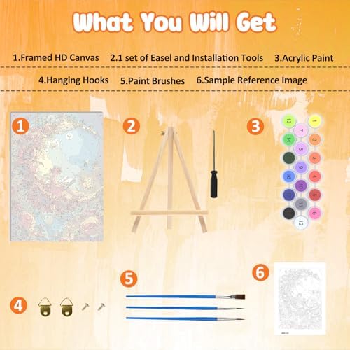 MAXBYE Moon Paint by Numbers Kit for Adults with Frame and Wooden Easel, Fairy Easy Painting Numbers Art Kits with Frame on Canvas, DIY Acrylic Painting Kit for Gift Home Wall Garden Decor 10×14 in