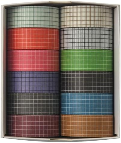 12 Rolls Grid Washi Tape Set Plaid Arts Adhesive Tapes Basic Patterns Decorative Masking Tape Sets for Craft, Kids, Scrapbook, DIY, Gift Wrapping (Style One)