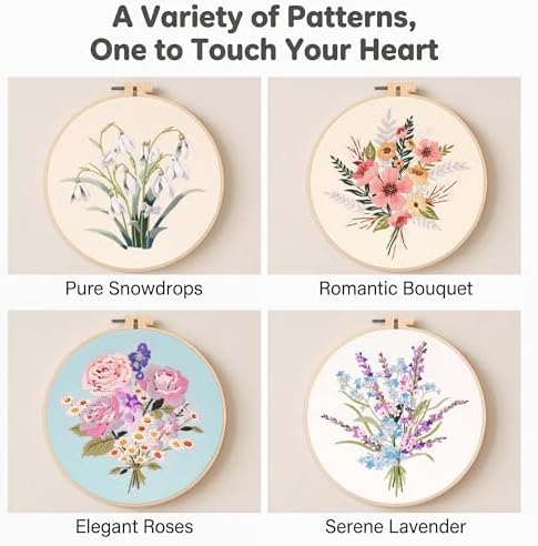 Harimau Adult Beginner Embroidery Starter Kit, Complete Set with 4 Patterns, 2 Hoops, Needles, Scissors, Instruction Guide & Stitching Video Tutorials