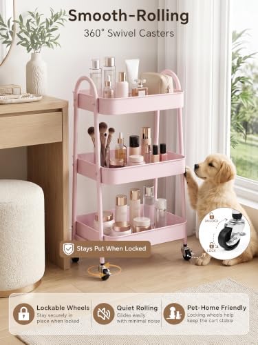 Booklov Rolling Makeup Cart Organizer, 3 Tier Utility Storage Cart, Pink
