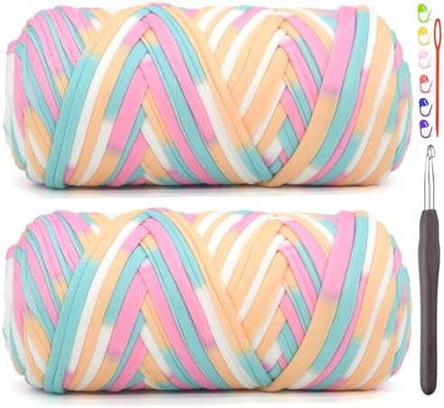 2 Pack Tshirt Yarn for Crocheting,Rainbow T Shirt Chunky Elastic Fabric Thick T-Shirt Crochet Yarn for Beginners Crocheting Hand Knitting Bag/Basket/Coasters/DIY Crafts/Home Decor 2 * 200G-Candy